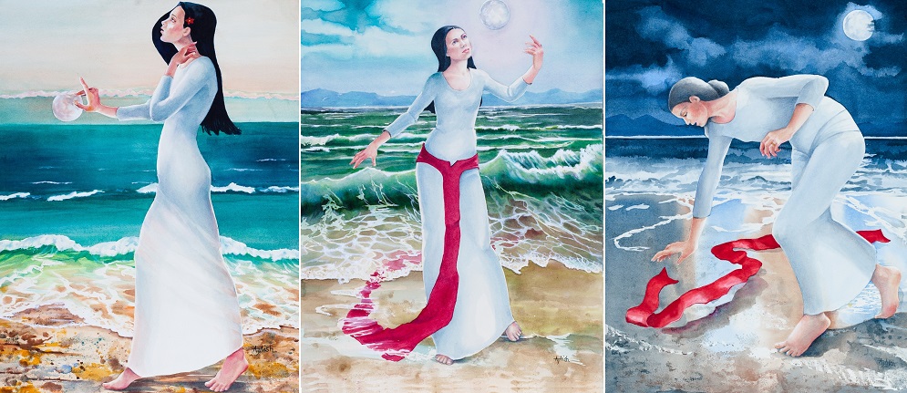 Watercolour Painting by Amanda Aish titled Red Moon Triptych Flow