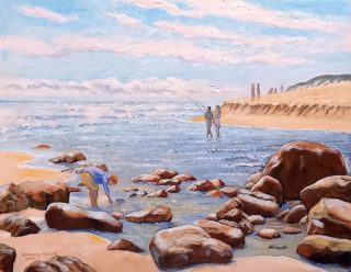 An Oil painting by Gregory Pastoll in the Impressionist style  depicting Beach River and Rocks with main colour being Blue Brown and Cream and titled At the Mouth of the Margaret River