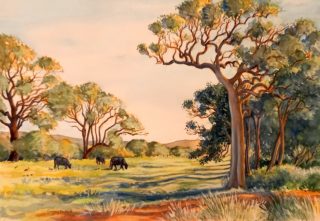 A Watercolour artwork by Gregory Pastoll in the Contemporary Realist style  depicting  Animals Farmland and Sunset with main colour being Brown Green and Orange and titled Field with Trees and Cows