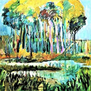 A  painting by Gloria Dietz-Kiebron in the Semi Abstract Expressionist style  depicting Landscape Swamp Trees and Water with main colour being Blue Green and Yellow and titled The Wetlands2