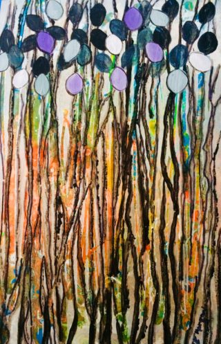 An Acrylic painting by Margaret Morgan Watkins in the Contemporary style  depicting Trees Flowers with main colour being Blue Brown and Green and titled Through the Forest