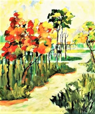An Acrylic painting by Gloria Dietz-Kiebron in the Contemporary Realist style  depicting Landscape Bush Creek and Lake with main colour being Blue Grey and Olive and titled The Redlands 2