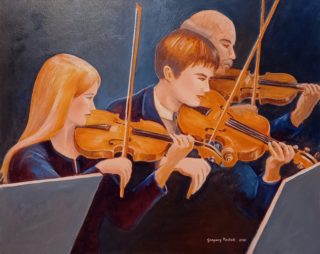 An Oil painting by Gregory Pastoll in the Contemporary Realist style  depicting People Music with main colour being Blue Brown and Gold and titled Three Violins