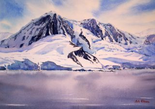 A Watercolour painting by Isla Patterson in the Realist style  Snow with main colour being Blue and White and titled Dramatic Cliff, Antarctic