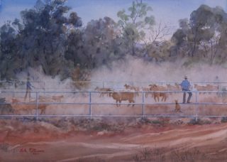 A Watercolour artwork by Isla Patterson in the Realist style  depicting Landscape Animals and Rural with main colour being Blue Ochre and Olive and titled Cattle Muster near Derby, WA