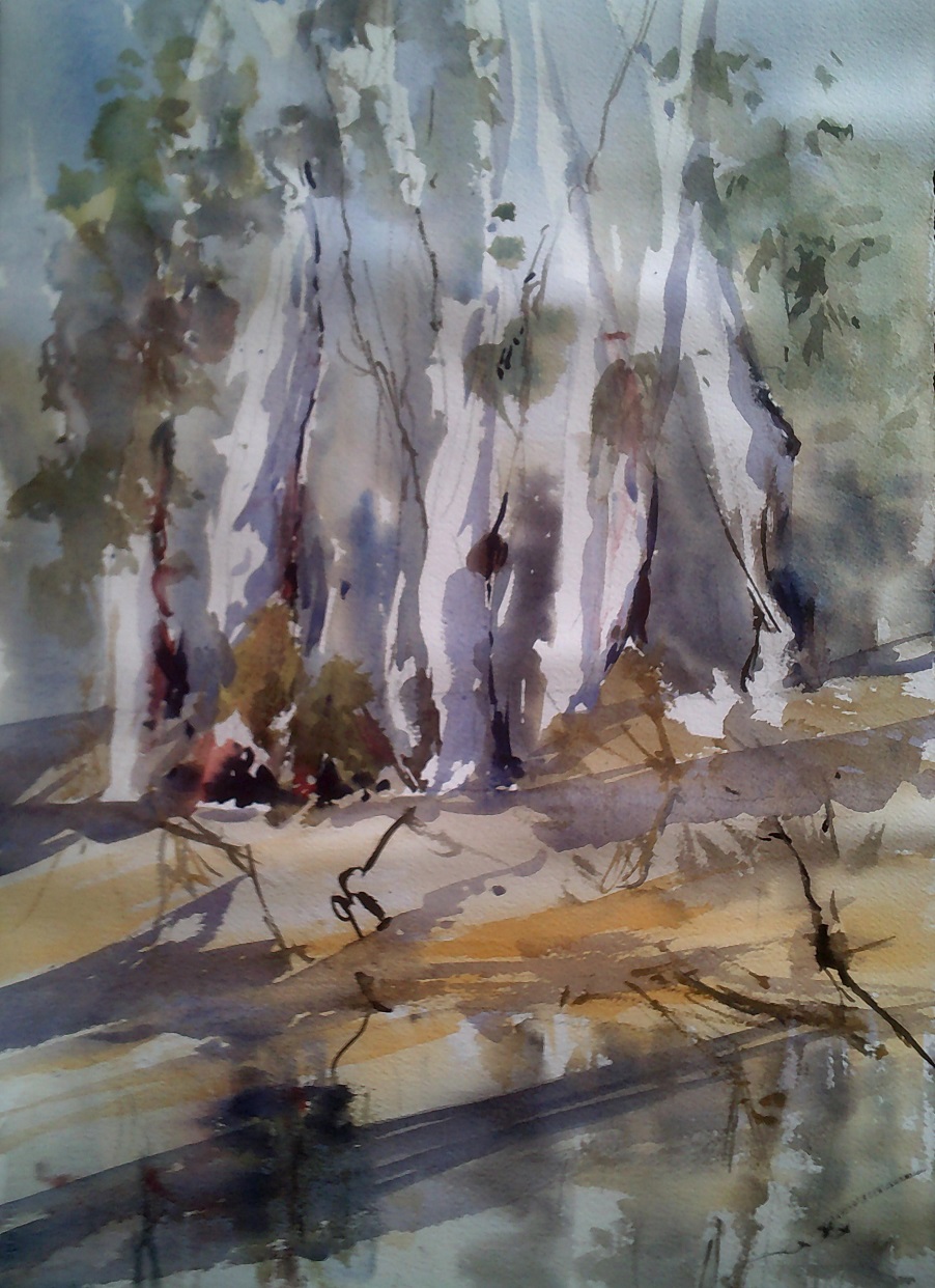 Watercolour Painting by Maureen Runge titled Gums on the Murray River
