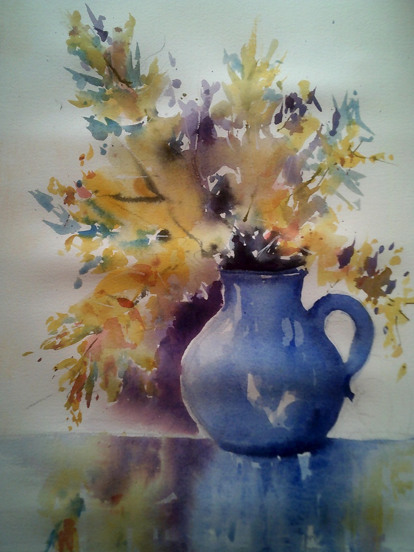 Watercolour Painting by Maureen Runge titled Wattle in Blue Pot