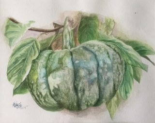 A Watercolour painting by Renee Loh in the Realist style  depicting Still Life Food with main colour being Green and Grey and titled Pumpkin