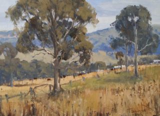 An Oil painting by Trish Bennett in the Impressionist style  depicting Landscape Mountains and Trees with main colour being Blue Brown and Ochre and titled The Heart of The Matter