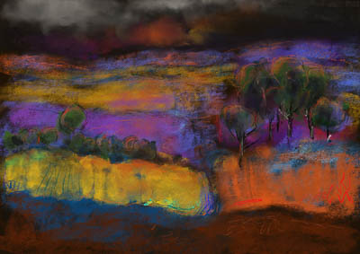 Oil Painting by Jeremy Holton titled Dark trees and colour landscape, glowing landscape of night