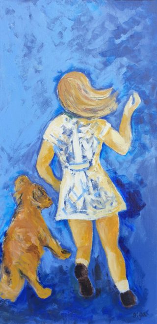 An Acrylic painting by Olga Megele in the Contemporary style  depicting Animals Dogs and Girl with main colour being Blue and titled Running Girl