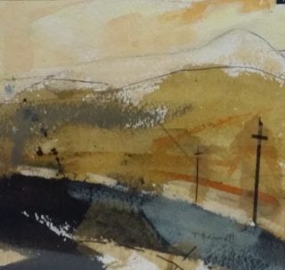 A Mixed Media artwork by Trish Bennett in the Contemporary style  depicting Landscape with main colour being Blue and Ochre and titled Over the Hill