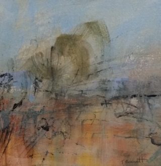 A Mixed Media painting by Trish Bennett in the Contemporary style  depicting Landscape with main colour being Blue Ochre and Olive and titled Spirits of The Land