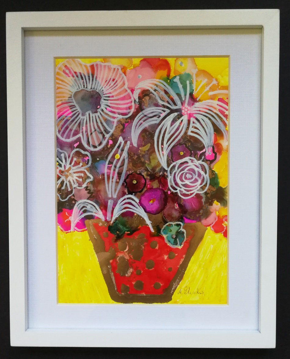 Mixed Media Painting by Angela Iliadis titled Red and Gold Vase