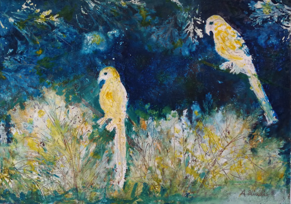 Mixed Media Painting by Angela Iliadis titled Twin Birds