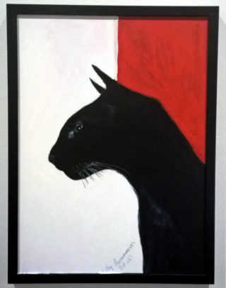 An Acrylic painting by Lilly Antoneavic in the Realist style  depicting Animals and Cats with main colour being Black Red and White and titled BLACK PRINCE