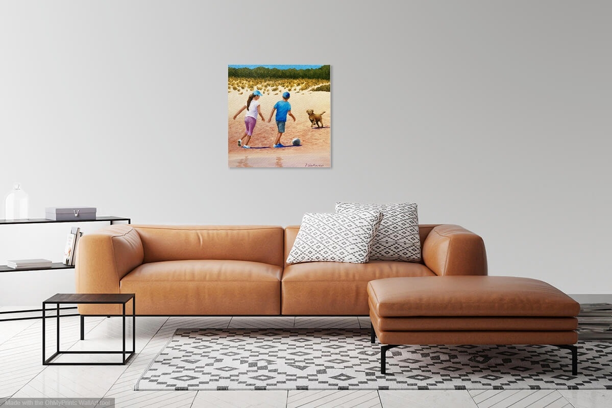Acrylic Painting by Jenny Ellis-Newman titled Children Playing Football at the Beach