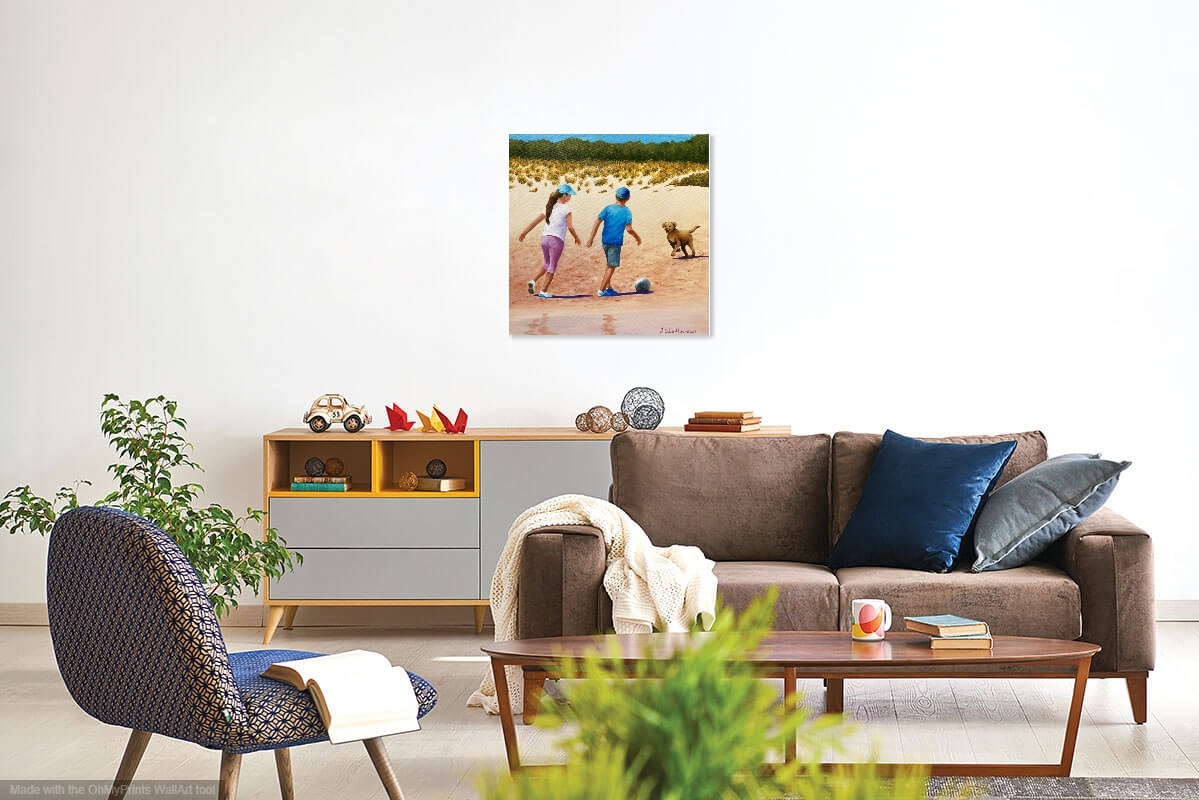 Acrylic Painting by Jenny Ellis-Newman titled Children Playing Football at the Beach