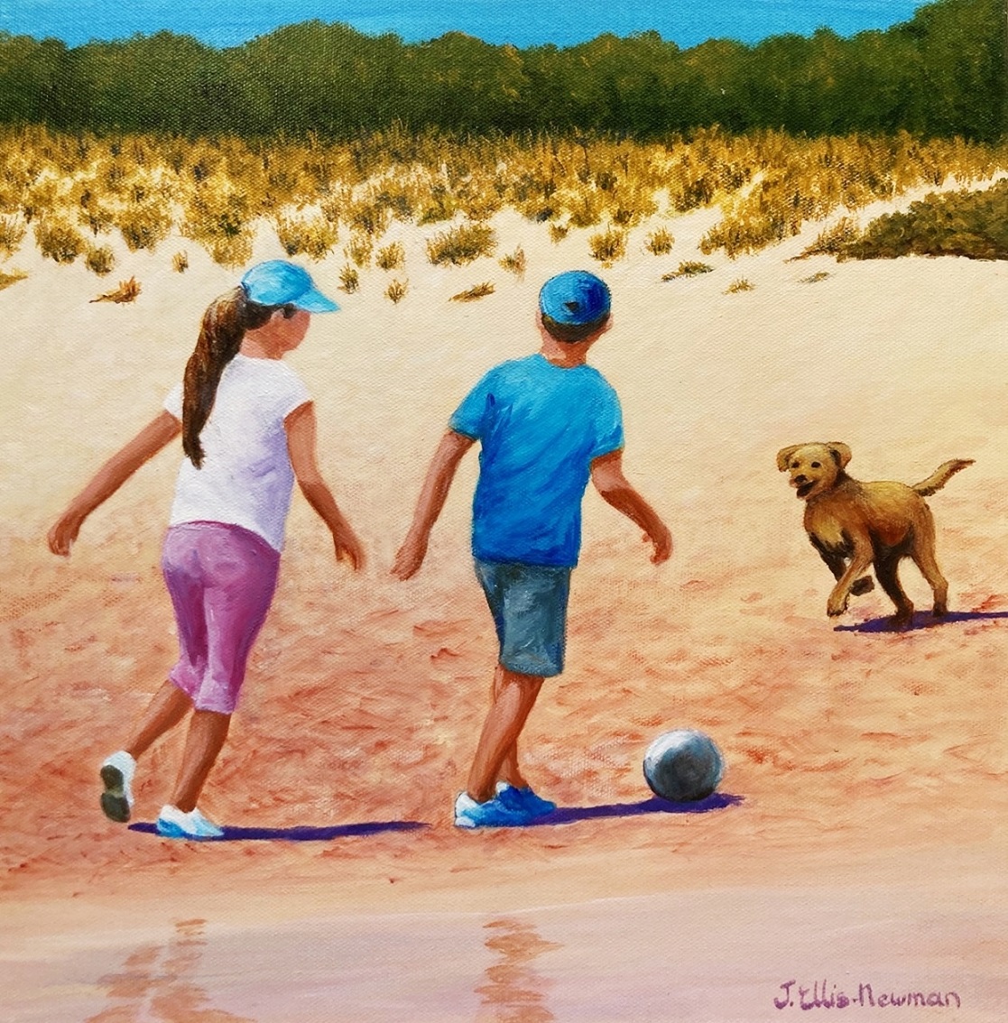 Acrylic Painting by Jenny Ellis-Newman titled Children Playing Football at the Beach