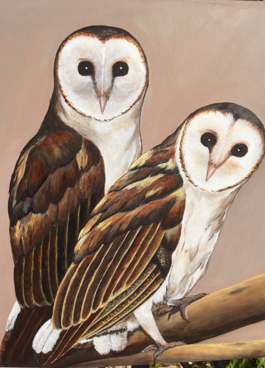 Acrylic Painting by Jenny Ellis-Newman titled Owls on Nightwatch at Dusk