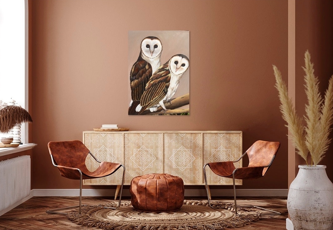 Acrylic Painting by Jenny Ellis-Newman titled Owls on Nightwatch at Dusk