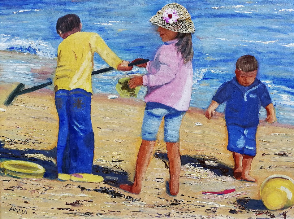 Mixed Media Painting by Angela Iliadis titled Playing at the Beach