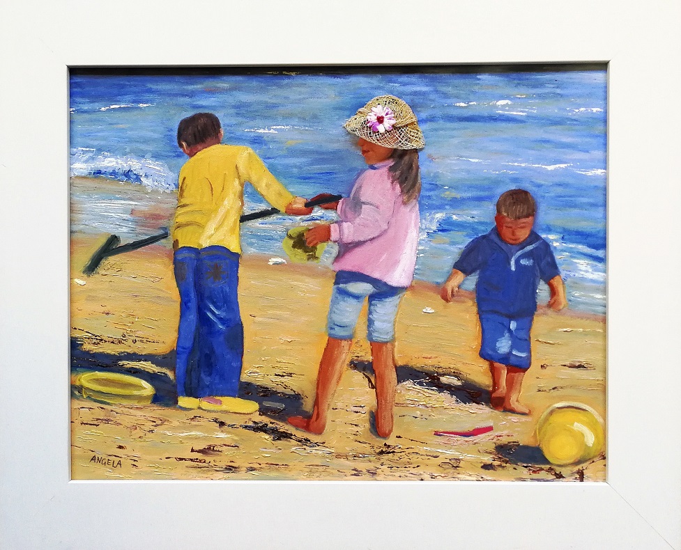 Mixed Media Painting by Angela Iliadis titled Playing at the Beach