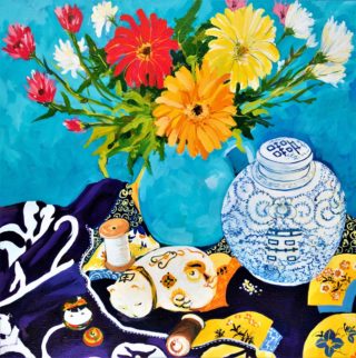 An Acrylic painting by Helen Dubrovich in the Contemporary style  depicting Still Life Cats Flowers and Vases with main colour being Blue Orange and Red and titled Still Life with Gerberas