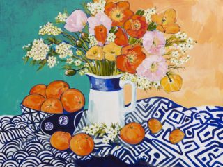An Acrylic painting by Helen Dubrovich in the Contemporary Realist style  depicting Still Life Flowers and Fruit with main colour being Blue Orange and Pink and titled Still Life with Poppies and Mandarins