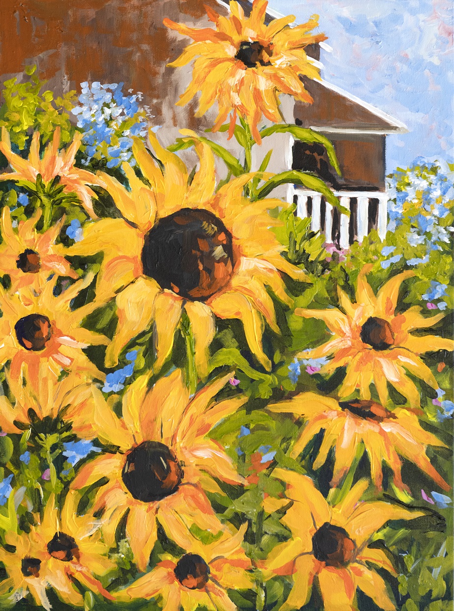 Acrylic Painting by Helen Dubrovich titled Sunflowers in my Garden