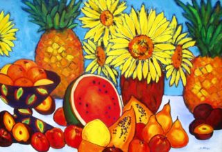 An Oil painting by Lorraine Best in the Impressionist style  depicting Flowers with main colour being Red and White and titled Sunflowers & Fruit