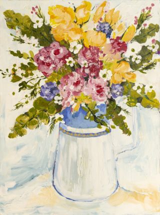 An Acrylic painting by Helen Dubrovich in the Impressionist style  depicting Flowers with main colour being Blue Olive and Pink and titled Spring Bouquet