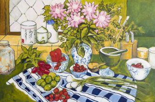 An Acrylic painting by Helen Dubrovich in the Contemporary Realist style  depicting Still Life Flowers Food and Jugs with main colour being Blue Green and Pink and titled Join me for Lunch