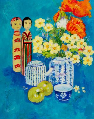 An Acrylic painting by Helen Dubrovich in the Contemporary Realist style  depicting Still Life Children's Toys with main colour being Blue Orange and Red and titled Still Life with Kokeshi Dolls