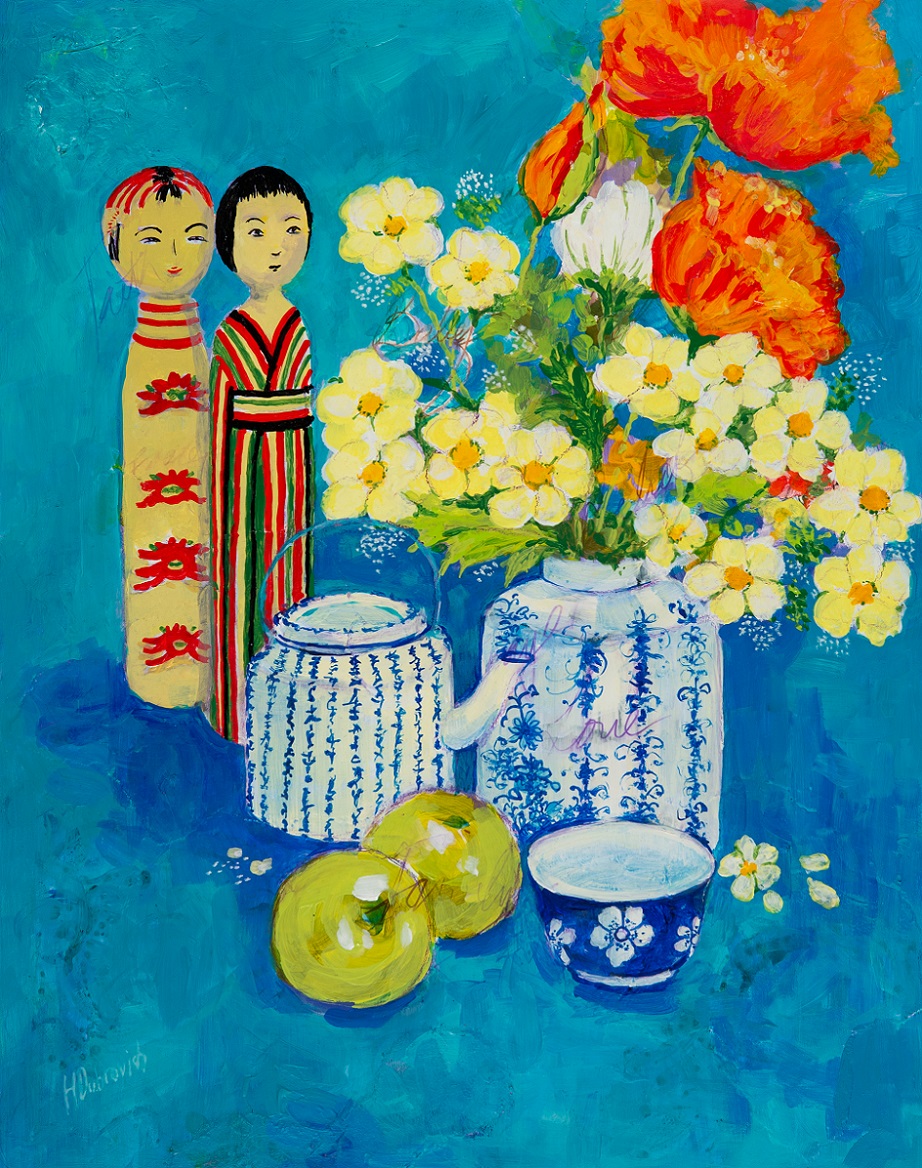 Acrylic Painting by Helen Dubrovich titled Still Life with Kokeshi Dolls