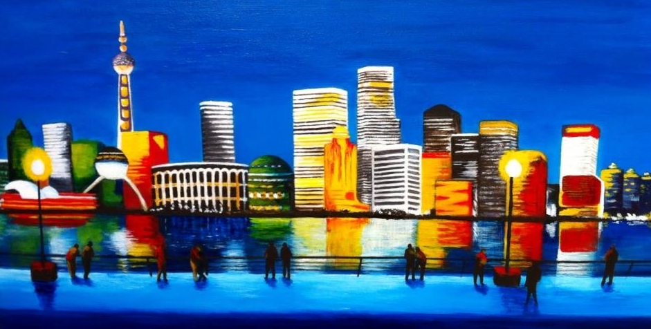 Mixed Media Painting by Jenny Ellis-Newman titled Shanghai Lights at Night