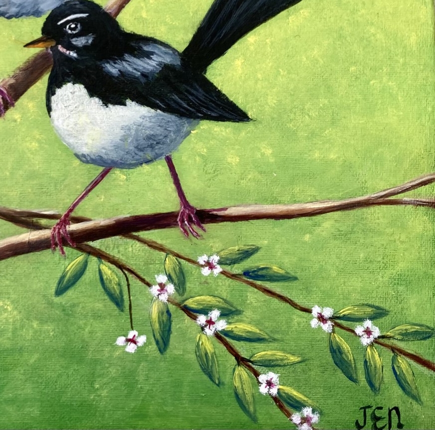 Acrylic Painting by Jenny Ellis-Newman titled Willy Wagtails