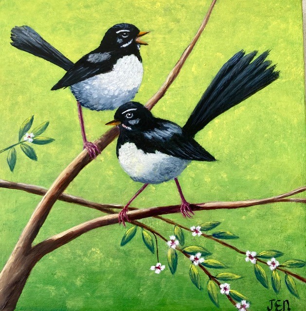 Mixed Media Painting by Jenny Ellis-Newman titled Willy Wagtails