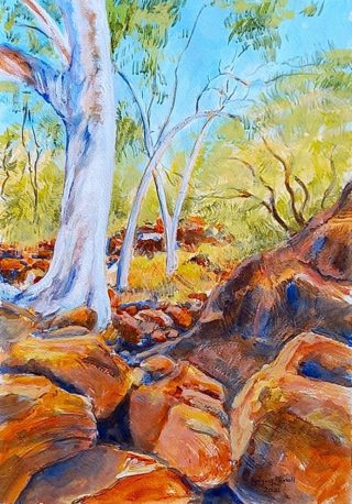 An Acrylic painting by Gregory Pastoll depicting Landscape Rocks and Trees with main colour being Blue Ochre and Olive and titled The Walk to Edney's Spring