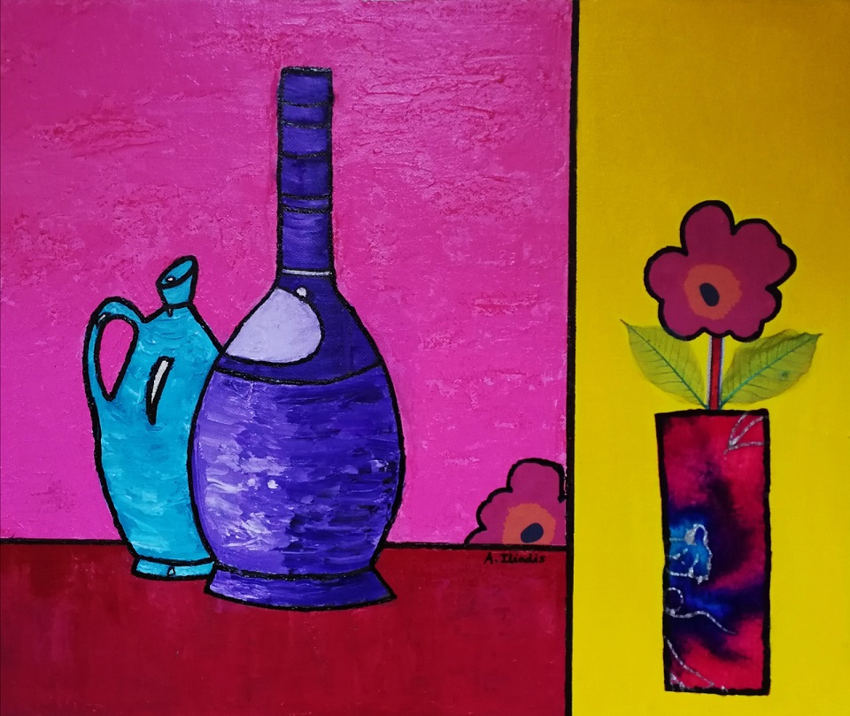 Acrylic Painting by Angela Iliadis titled Purple and Blue Bottles