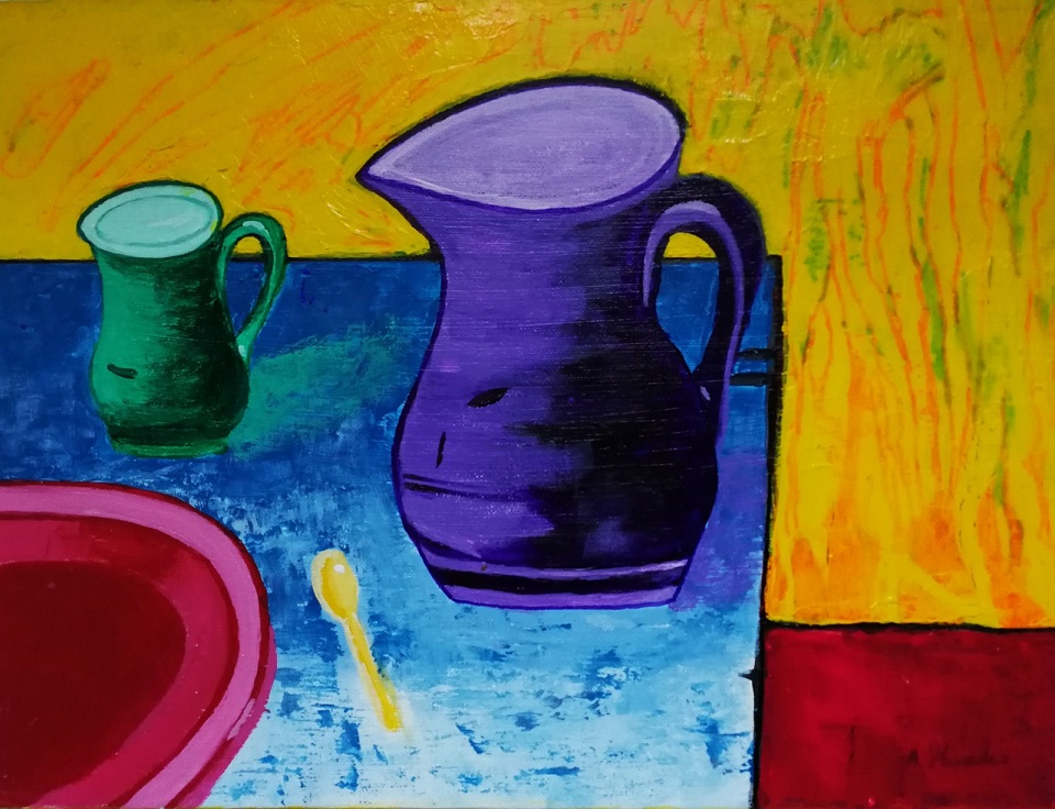 Mixed Media Painting by Angela Iliadis titled Purple and Green Jugs