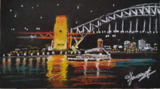 A Pastel painting by Diane Yousouf in the Contemporary Realist style  depicting Bridge Boats and Buildings with main colour being Black Blue and Gold and titled Harbour Lights