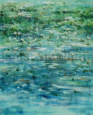 An Acrylic painting by Janis Stapleton Flowers and Water with main colour being Blue and Green and titled White Lilies Cape York