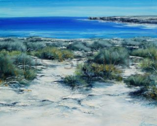 An Acrylic painting by Janis Stapleton in the Contemporary style  depicting Beach Water and Waves with main colour being Blue Grey and Olive and titled Blue Sea Sandstone