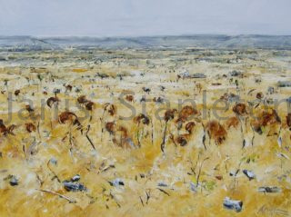 An Acrylic painting by Janis Stapleton in the Contemporary style  depicting Landscape Outback with main colour being Blue Ochre and Yellow and titled Acacia     