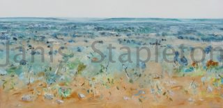 An Acrylic painting by Janis Stapleton in the Contemporary style  depicting Landscape Outback with main colour being Blue Green and Ochre and titled Acacia Kimberley         