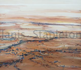 An Acrylic painting by Janis Stapleton depicting Landscape Outback with main colour being Blue and Brown and titled Lake Eyre Study   