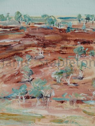 An Acrylic painting by Janis Stapleton depicting Landscape Outback with main colour being Blue and Pink and titled Karijini 