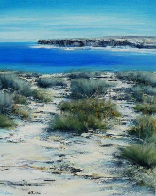 An Acrylic painting by Janis Stapleton depicting Beach and Water with main colour being Blue and Grey and titled Blue Sea Sandstone   