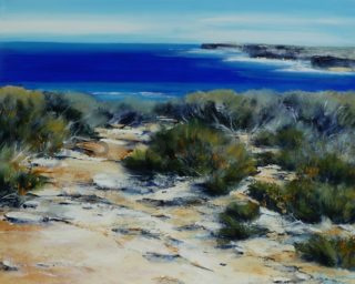 An Acrylic painting by Janis Stapleton depicting Seascape Beach and Water with main colour being Blue Grey and Ochre and titled Wild Coast Sienna     